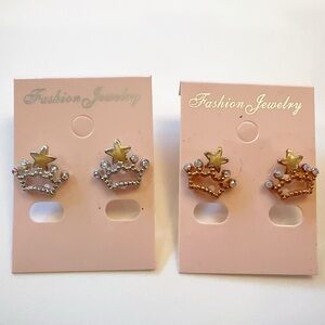 Korean 2 Pairs Bundle Silver Rose Gold Crown Star Pearl/Rhinestones StudEarrings